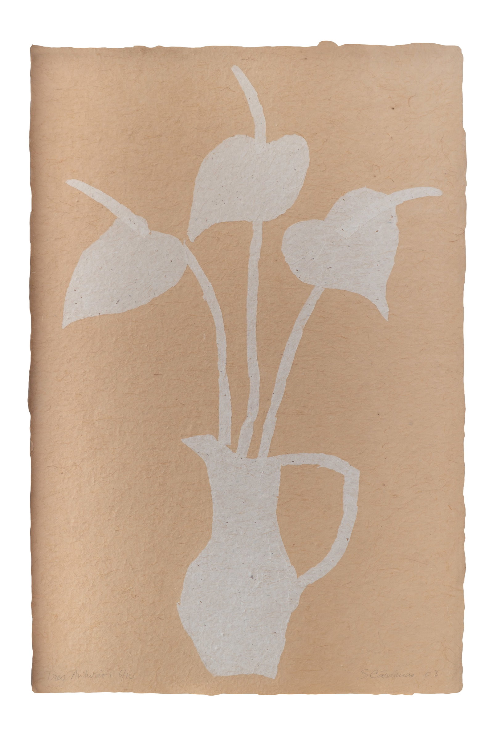 SANTIAGO CARDENAS (1937, Colombia) Tres Anturios, 2003 Collage sobre papel artesanal Medidas: 77 x: Buen estado de conservacion.Coleccion privada.