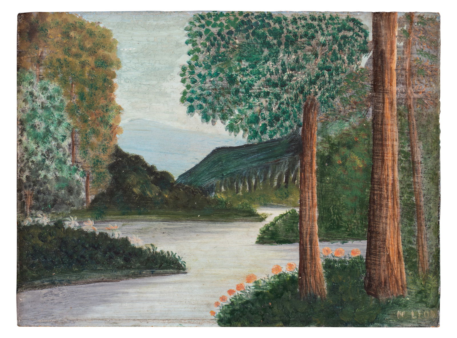 NOE LEON (1907, Colombia - 1978, Colombia) Paisaje enlagunado, sf. Oleo sobre madera Medidas: 30 x (1 of 1)