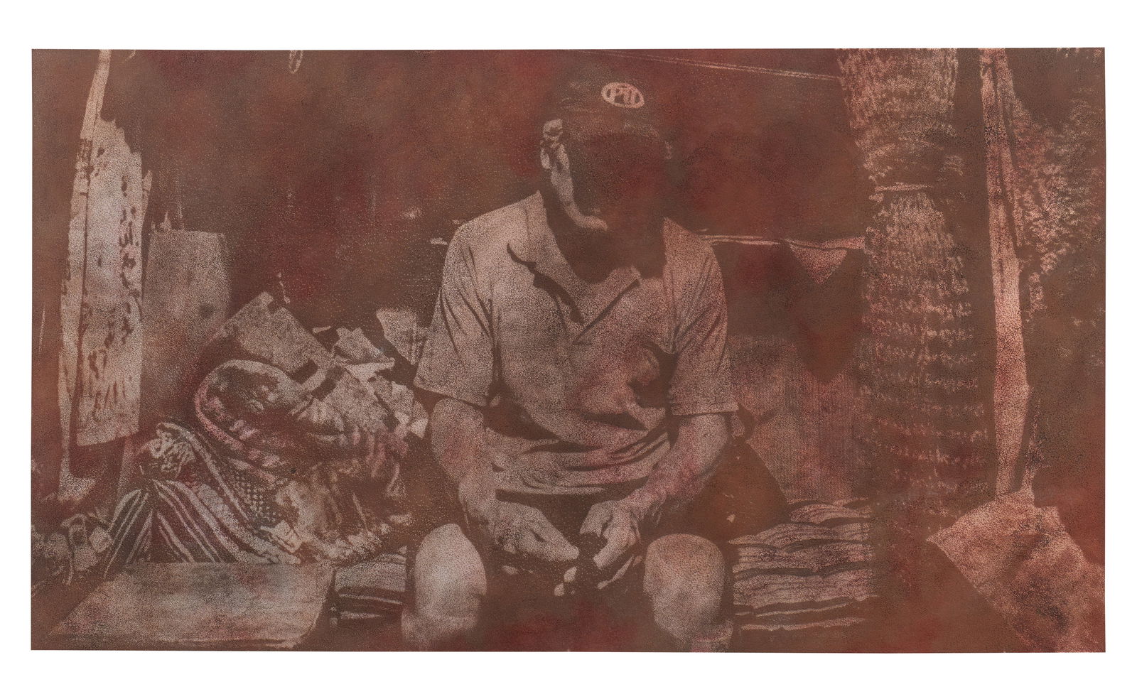 JUAN CAMILO PINTO (1996, Colombia) Ignominia 1 Rojo, 2022 Lamina de aluminio intervenida al: Buen estado de conservacion.Coleccion privada.