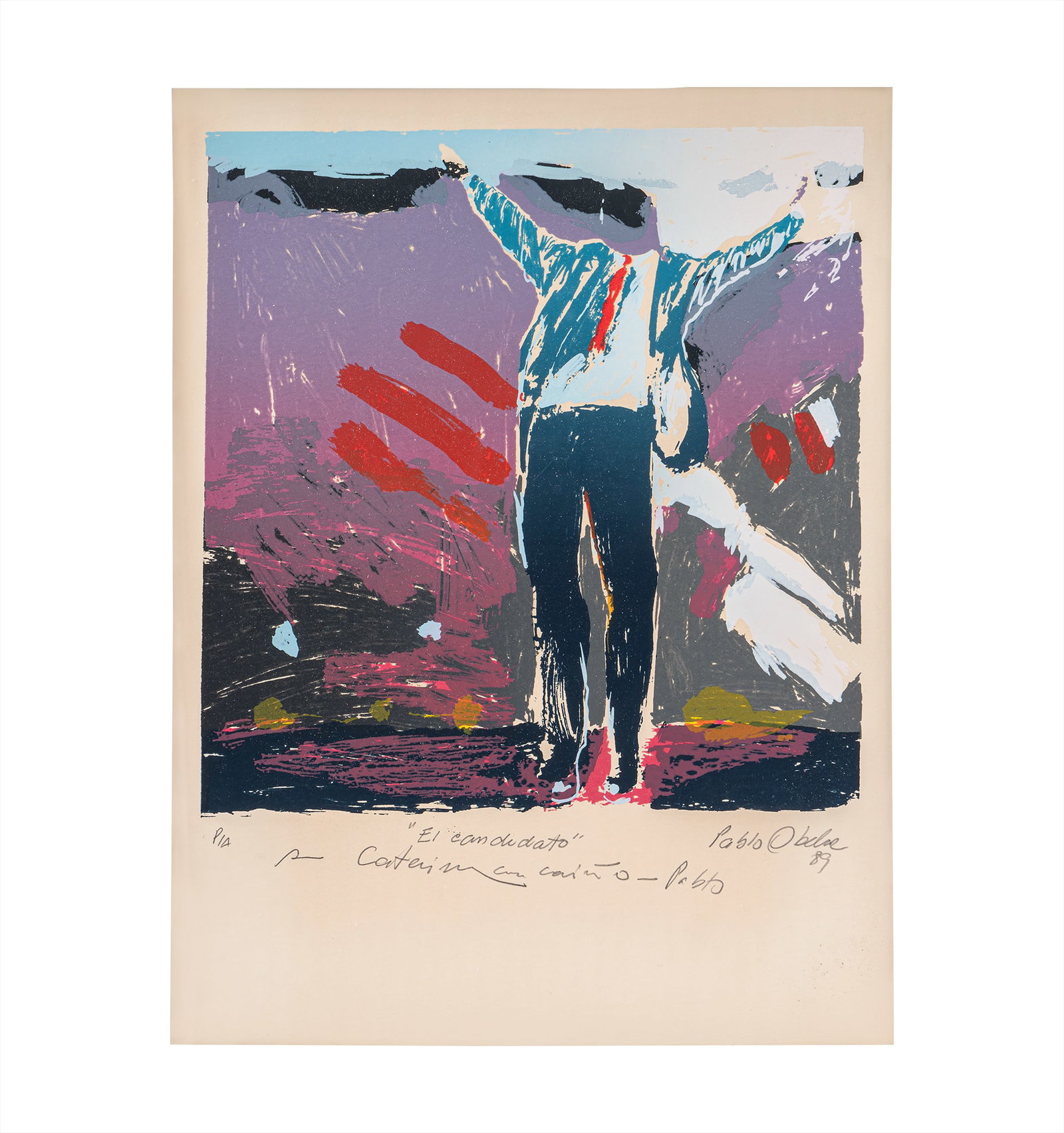 PABLO OBELAR (1933, Uruguay - 1995, Colombia): El candidato, 1989Serigrafia sobre papelMedidas: 31.5 x 24 cmEdicion Prueba de ArtistaPresenta dedicatoria "A Caterina con carino". Buen estado de conservacion.Coleccion privada.