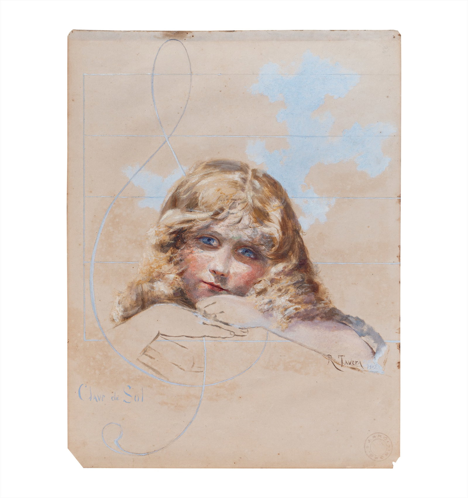 RAFAEL TAVERA (1878, Colombia - 1957, Colombia): Clave de sol, 1905Oleo sobre papelMedidas: 32 x 24.5 cmBuen estado de conservacion. Presenta pequenas manchas sobre el papel.Coleccion privada.