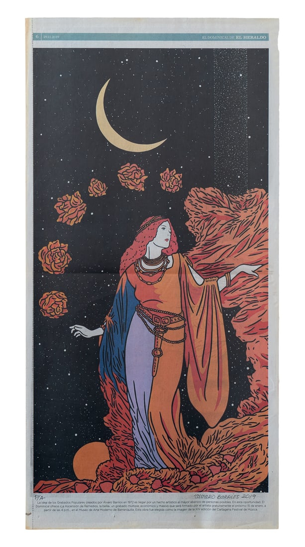 ALVARO BARRIOS (1945, Colombia): La Ascension de Remedios la bella, 2019Impresion digital sobre papel Medidas: 56 x 28 cmEdicion Prueba de ArtistaGrabado popular impreso en periodico El Heraldo. Buen estado de conservacion. Coleccion