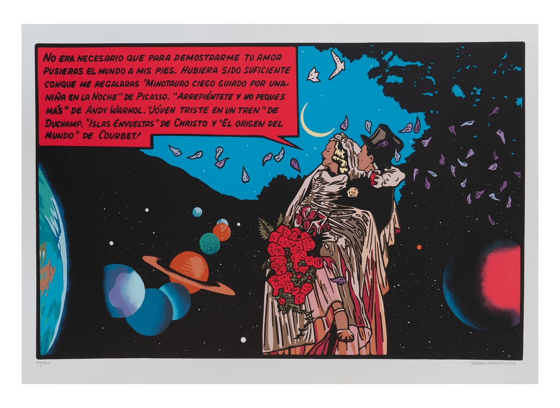 ALVARO BARRIOS (1945, Colombia): No era necesario que para demostrarme tu amor pusieras el mundo a mis pies, 2022 Serigrafia sobre papelMedidas: 100 x 70 cmEdicion 30/100Buen estado de conservacion. Coleccion privada.