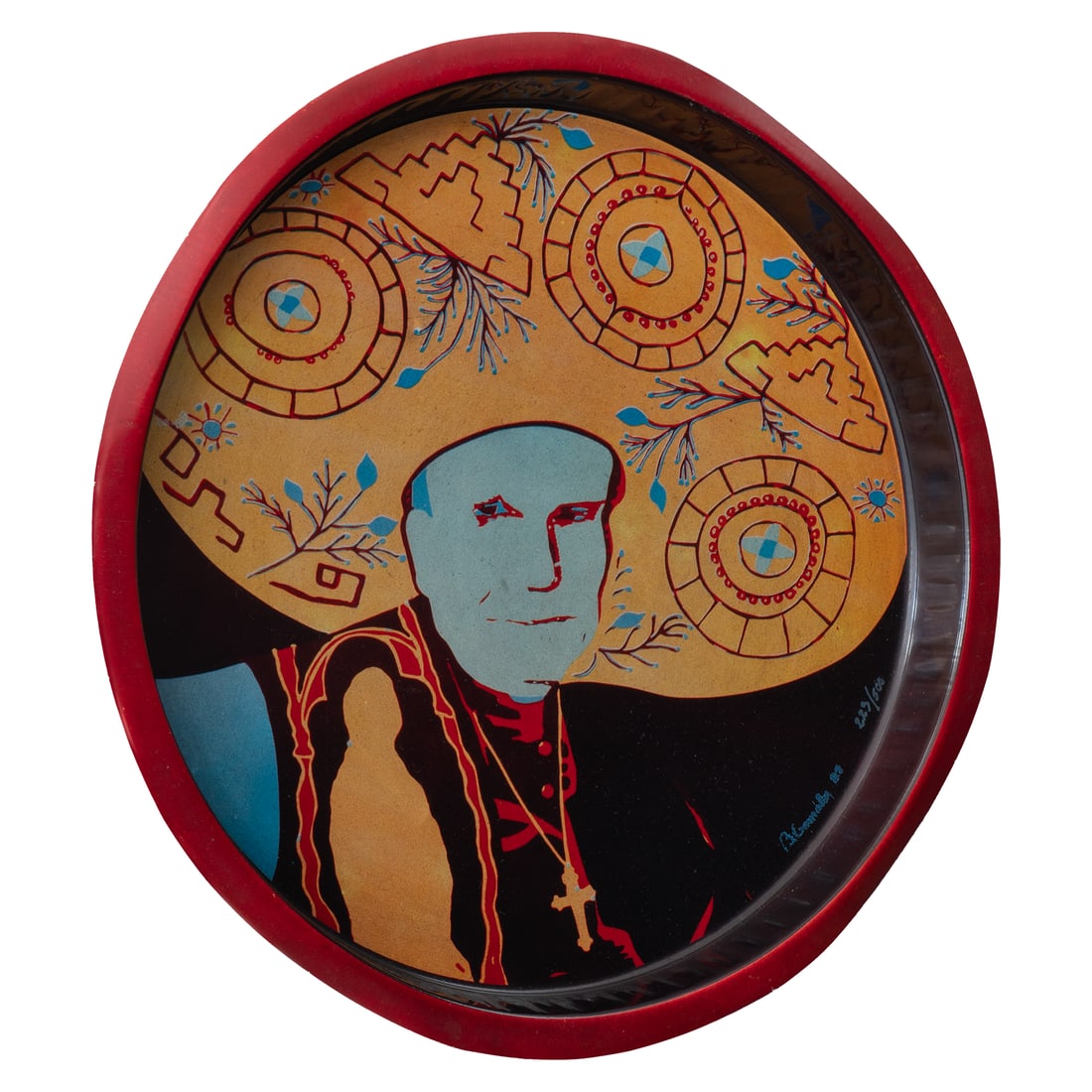 BEATRIZ GONZALEZ (1932, Colombia - 2026, Colombia): Viva Mexico, 1982Litografia sobre metal troquelado en bandeja Medidas: 32 x 32 x 3 cmEdicion 223/500Buen estado de conservacion. Presenta algunas deformaciones. Coleccion privada.