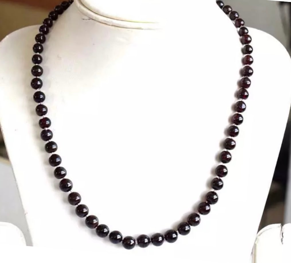 17 - 18" NECKLACE NATURAL GARNET BEADS ROUND SOLID 925 STERLING SILVER (1 of 3)