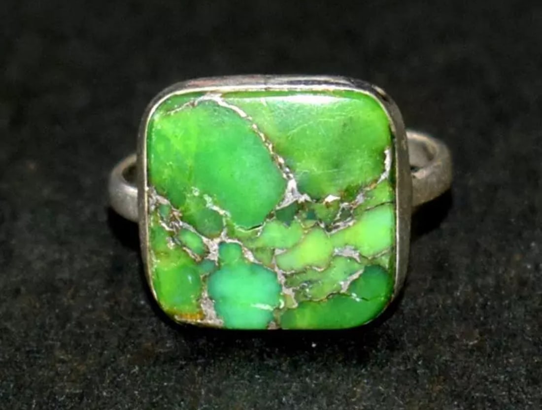 SOLID 925 STERLING SILVER RING - GREEN COPPER TURQUOISE SQUARE (1 of 2)