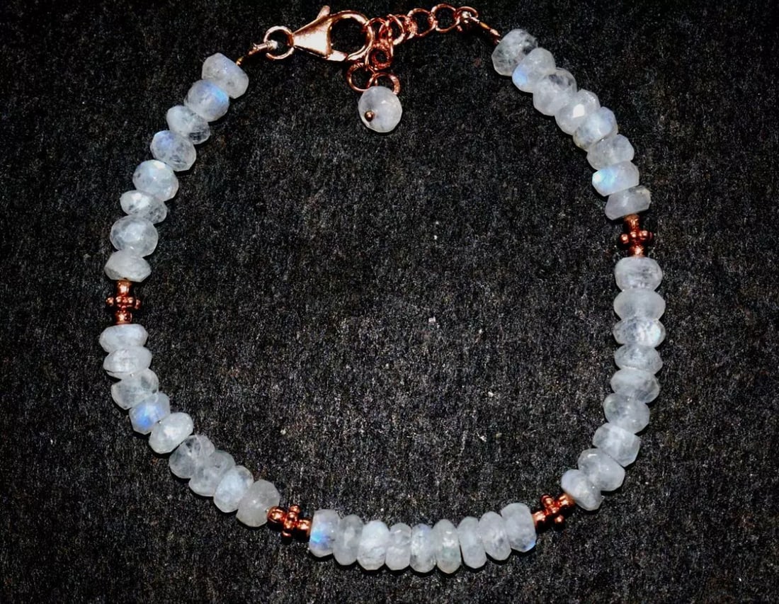 6.5 - 7.5" ROSE GOLD OVER 925 SILVER BRACELET - RAINBOW MOONSTONE BEADS: These are natural, earth mined and hand crafted with precision. Stone: Moonstone, Stone Shape: Faceted Rondelle, Stone Size: 5 - 5.5 mm, Width - 2 - 3 mm, Length: 6.5 - 7.5", Weight: approx. 39 carats