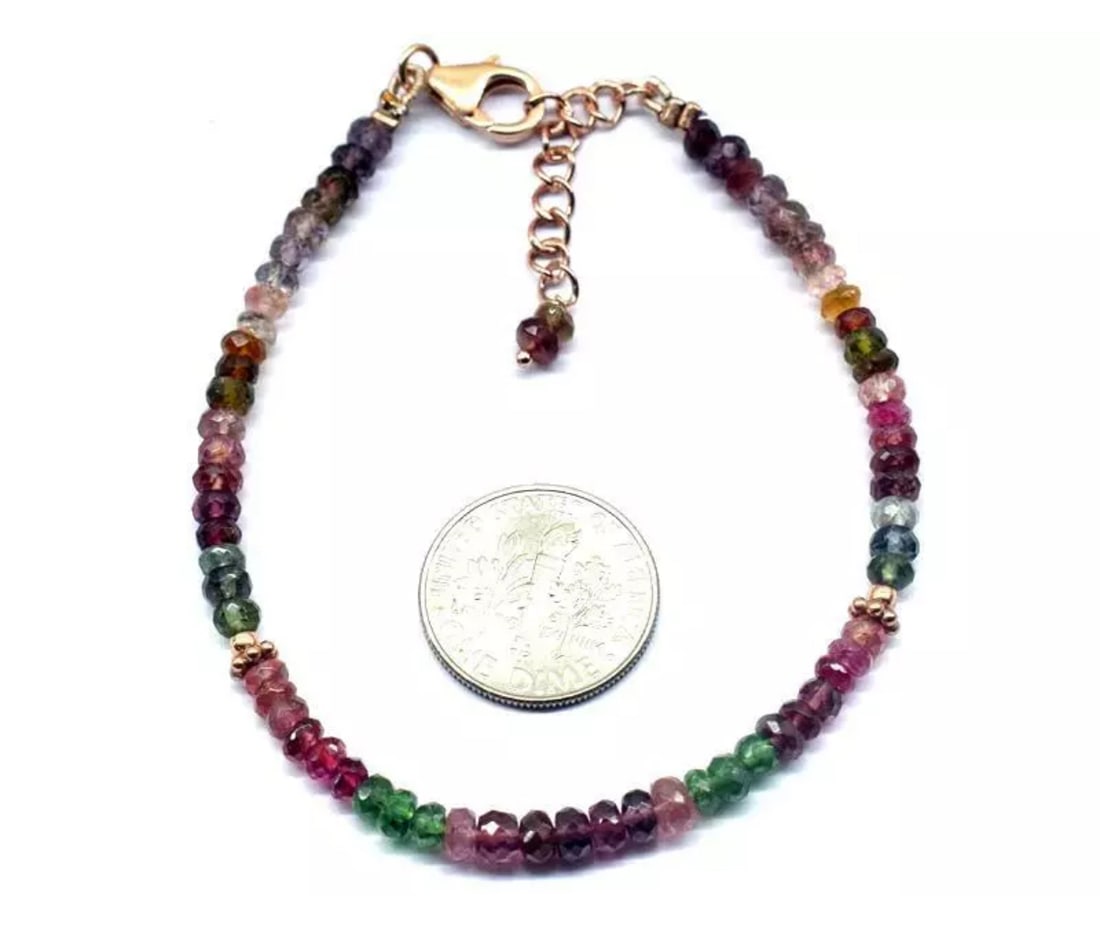 6.5 - 7.5" BRACELET FINE MULTI TOURMALINE ROSE GOLD SOLID 925 SILVER: These are natural, earth mined and hand crafted with precision. Stone: Tourmaline, Stone Shape: Faceted Rondelle, Stone Size: 3.5 - 4mm, Width - 1.5 - 2mm, Length: 6.5 - 7.5", Weight: approx. 25 carat