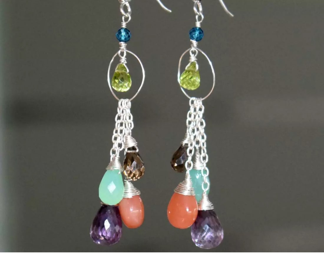 SOLID 925 STERLING SILVER EARRINGS - NATURAL MULTI GEMSTONE BEADS (1 of 2)