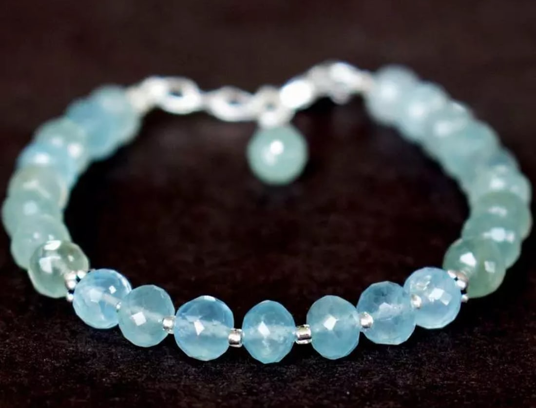 6.5 - 7.5" BRACELET NATURAL AQUAMARINE BEADS RONDELLE SOLID 925 SILVER (1 of 2)