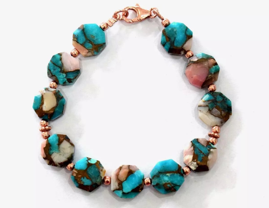 7" ROSE GOLD OVER SOLID 925 SILVER BRACELET PURPLE COPPER TURQUOISE BEADS (1 of 4)