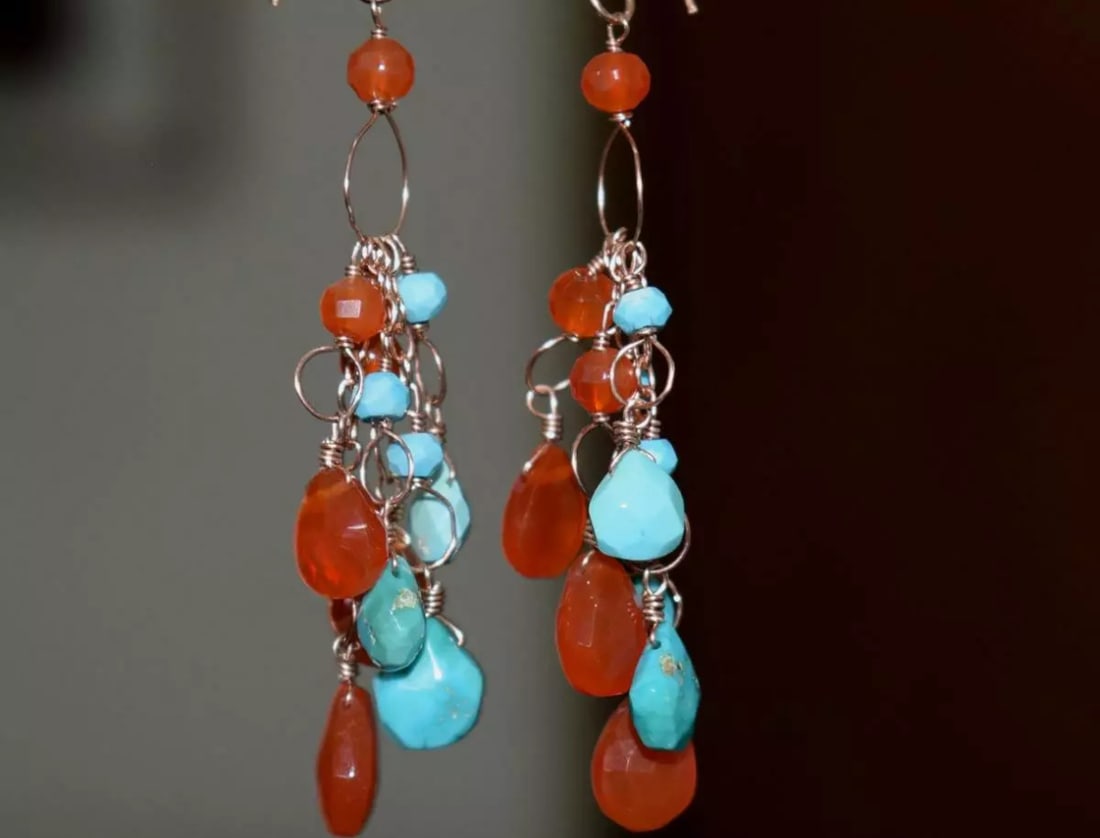 ROSE GOLD OVER SOLID 925 SILVER CARNELIAN, TURQUOISE BEADS EARRINGS (1 of 3)