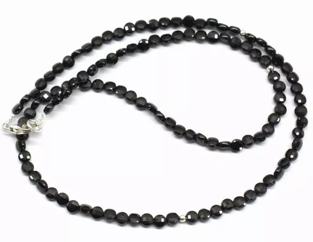 18" NATURAL BLACK SPINEL BEADS 925 SILVER NECKLACE FACETED COIN 4 MM (1 of 3)