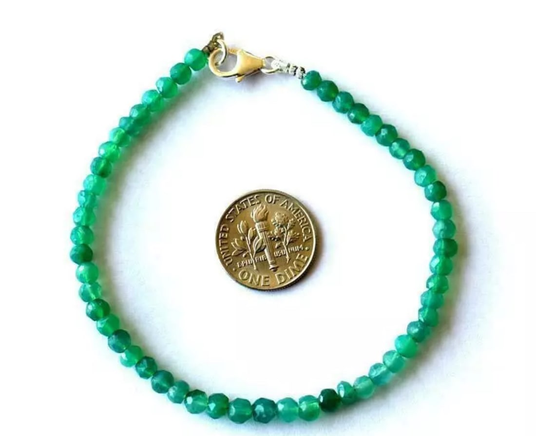 7.5" BRACELET NATURAL GREEN ONYX BEADS RONDELLE SOLID 925 SILVER (1 of 3)