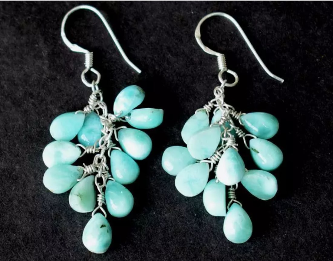 SOLID 925 STERLING SILVER EARRINGS - NATURAL RARE LARIMAR BEADS (1 of 2)