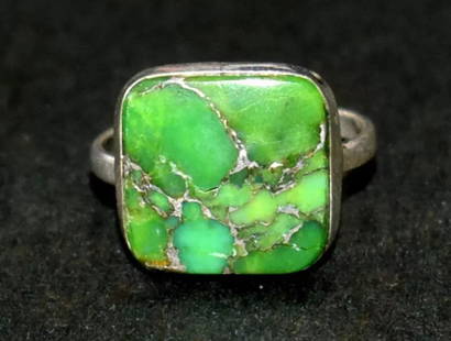 SOLID 925 STERLING SILVER RING - GREEN COPPER TURQUOISE SQUARE: These are natural, earth mined and hand crafted with precision. Stone: Green Copper Turquoise, Shape: Square, Stone Size: 13mm, Ring Size: 6mm, Weight: approx. 10 carats. The photographs are enlarged