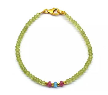 7" VERMEIL - SOLID 925 SILVER BRACELET NATURAL MULTI GEMSTONE BEADS: These are natural, earth mined and hand crafted with precision. Stone: Peridot/Tourmaline/Topaz, Stone Shape: Faceted Rondelle, Stone Size: 3.5 - 4 mm, Width - 2 - 2.5 mm, Length: 7", Weight: approx.