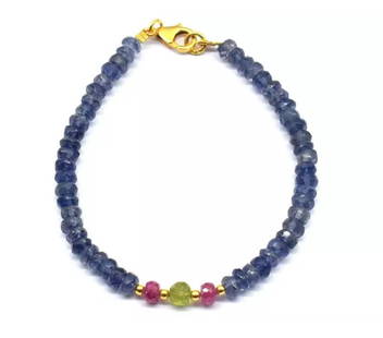 7" VERMEIL - SOLID 925 SILVER BRACELET NATURAL MULTI GEMSTONE BEADS: These are natural, earth mined and hand crafted with precision. Stone: Iolite/Tourmaline/Peridot, Stone Shape: Faceted Rondelle, Stone Size: 4.5 - 5 mm, Width - 2 - 4 mm, Length: 7", Weight: approx.