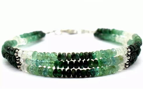7.5" SOLID 925 SILVER BRACELET NATURAL SHADED EMERALD BEADS RONDELLE: These are natural, earth mined and hand crafted with precision. Stone: Emerald Shape: Faceted Rondelle, Size: 2.5 - 3.5 mm, Width - 1 - 2 mm, Length: 7.5", Weight: approx. 47 carats. The photographs a