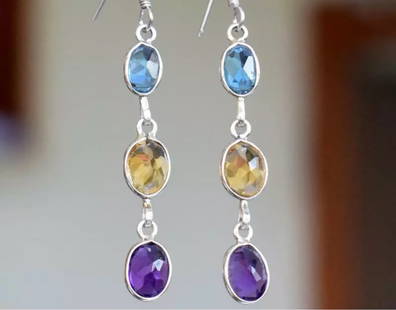 SOLID 925 SILVER EARRINGS - NATURAL AMETHYST, CITRINE, TOPAZ: These are natural, earth mined and hand crafted with precision. Stone: Amethyst/Citrine/Blue Topaz, Shape: Faceted Oval, Size: 5x7 - 6x8 mm, Width - 3.5 - 5 mm, Length: 2 1/8", Weight: approx. 12 cara