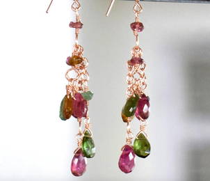 ROSE GOLD SOLID 925 SILVER EARRINGS - NATURAL MULTI TOURMALINE 2 1/8"