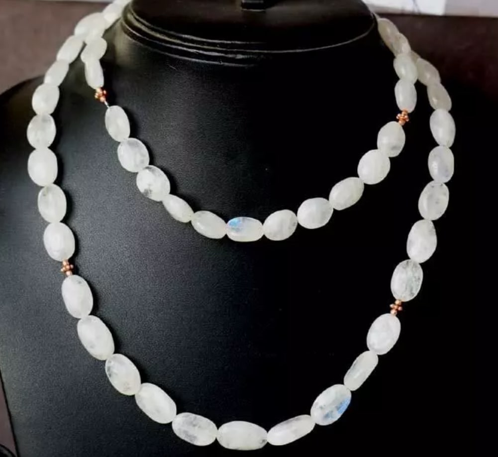 30" RAINBOW MOONSTONE NECKLACE 925 ROSE GOLD PLATED STERLING SILVER: These are natural, earth mined and hand crafted with precision. Stone: Moonstone, Stone Shape: Oval, Stone Size: 8x11 - 9x12 mm, Width - 5 - 6 mm, Length: 30", Weight: approx. 275 carats. The photogra