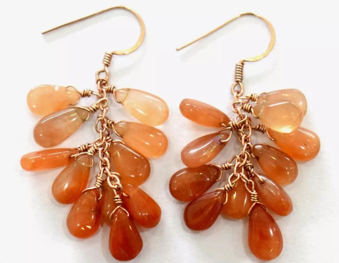 ROSE GOLD SOLID 925 SILVER EARRINGS - NATURAL PEACH MOONSTONE BEADS: These are natural, earth mined and hand crafted with precision. Stone: Moonstone, Stone Shape: Pear, Stone Size: 5x8 - 5x9 mm, Width - 2.5 - 3.5 mm, Length: 1 3/4", Weight: approx. 30 carats. The phot