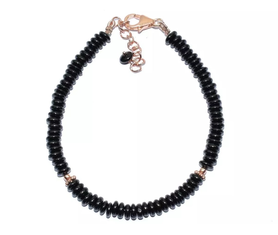 6.5 - 7.5" BRACELET NATURAL BLACK SPINEL BEADS ROSE GOLD SOLID 925 SILVER: These are natural, earth mined and hand crafted with precision. Stone: Spinel, Stone Shape: Tyre, Stone Size: 4.5mm, Width - 1 - 2mm, Length: 6.5 - 7.5", Weight: approx. 42 carats. The photographs are