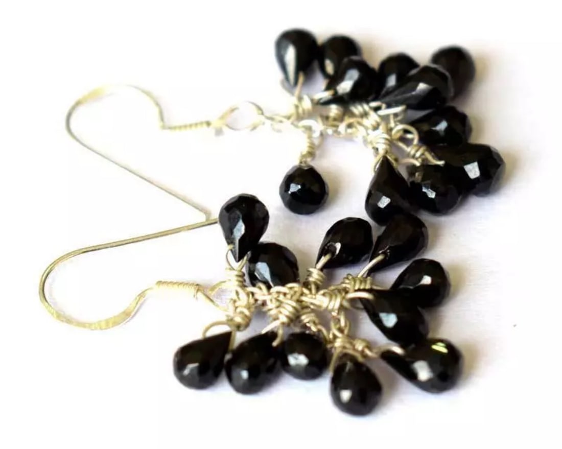 SOLID 925 STERLING SILVER EARRINGS - NATURAL BLACK SPINEL BEADS: These are natural, earth mined and hand crafted with precision. Stone: Black Spinel, Shape: Faceted Briolette, Size: 3.5x5 - 3.5x6 mm, Length: 1 1/2", Weight: approx. 20 carats. The photographs are en