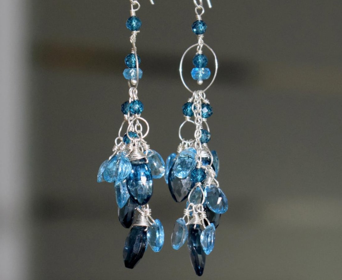 SOLID 925 STERLING SILVER EARRINGS - NATURAL BLUE TOPAZ BEADS 2 7/8" (1 of 3)