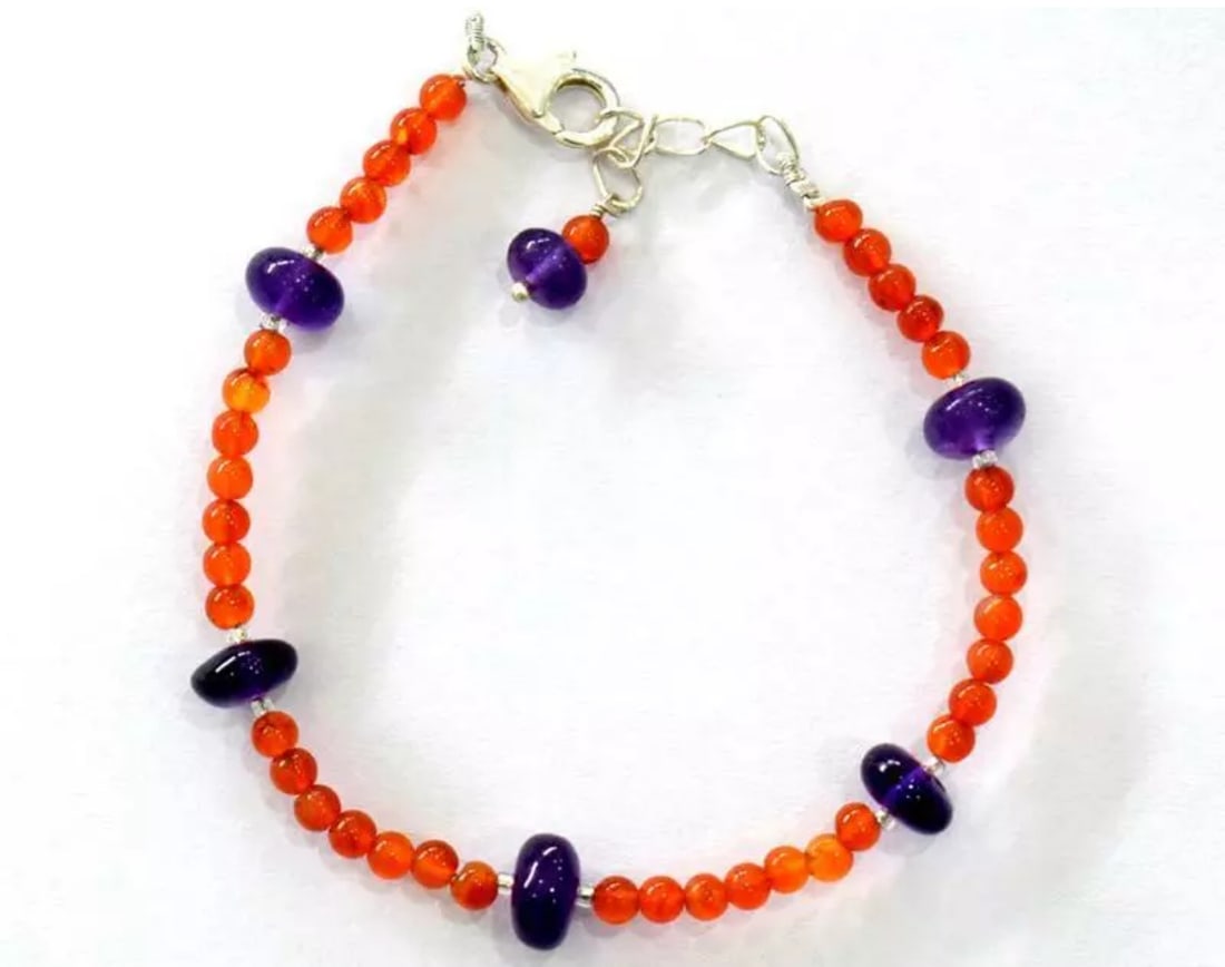 6.5 - 7.5" SOLID 925 SILVER BRACELET - NATURAL CARNELIAN, AMETHYST BEADS (1 of 3)
