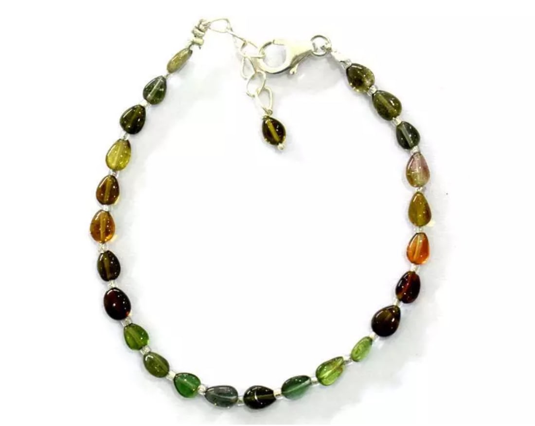 6.5 - 7.5" SOLID 925 SILVER BRACELET - NATURAL PETRO TOURMALINE BEADS PEAR (1 of 3)