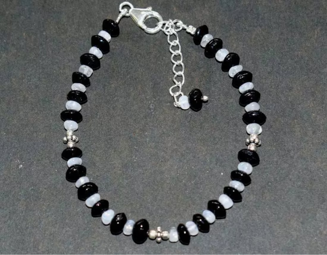 6.5 - 7.5" SOLID 925 SILVER BRACELET - MOONSTONE BEADS SPINEL BEADS: These are natural, earth mined and hand crafted with precision. Stone: Multi Gemstone, Stone Shape: Rondelle, Stone Size: 3.5 - 5 mm, Width - 2 - 3 mm, Length: 6.5 - 7.5", Weight: approx. 30 carats. T