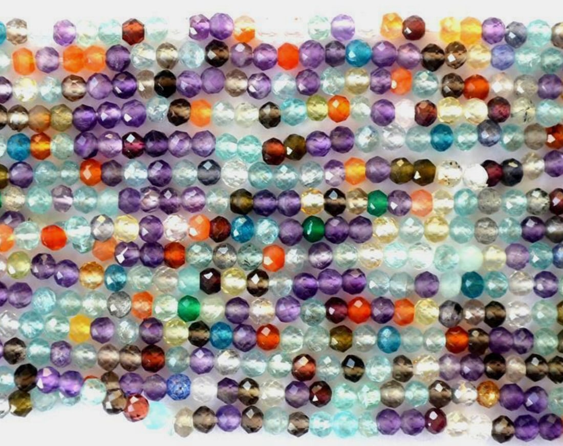 12" STRAND NATURAL MULTI DISCO BEADS FACETED ROUND 2.5 - 3 MM (2 LINES): These are natural, earth mined and hand crafted with precision. Stone: Multi Disco, Stone Shape: Faceted Round, Stone Size: 2.5 - 3 mm, Length: 12", Weight: approx. 20 carats. The photographs are enla