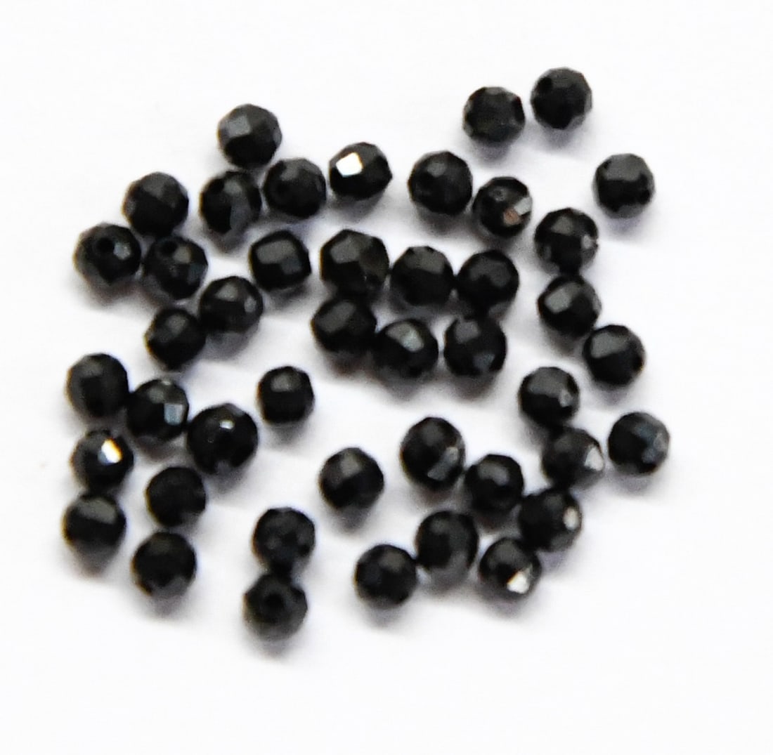 NATURAL BLACK SPINEL BEADS FACETED ROUND 2 MM, 100 PCS, (2 BAGS): These are natural, earth mined and hand crafted with precision. Stone: Black Spinel, Stone Shape: Faceted Round, Stone Size: 2 mm, Weight: approx. 8 carats. The photographs are enlarged to show the cl