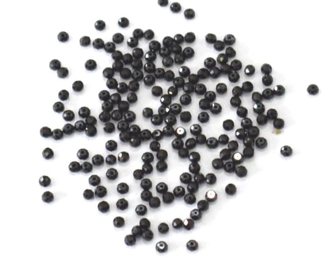 NATURAL BLACK SPINEL BEADS FACETED ROUND 2 MM 1000 PCS: These are natural, earth mined and hand crafted with precision. Stone: Black Spinel, Stone Shape: Faceted Round, Stone Size: 2 mm, Weight: approx. 85 carats. The photographs are enlarged to show the c