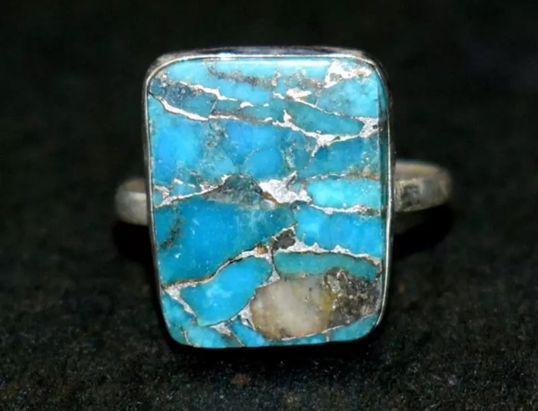 SOLID 925 STERLING SILVER RING - BLUE COPPER TURQUOISE RECTANGLE (1 of 2)