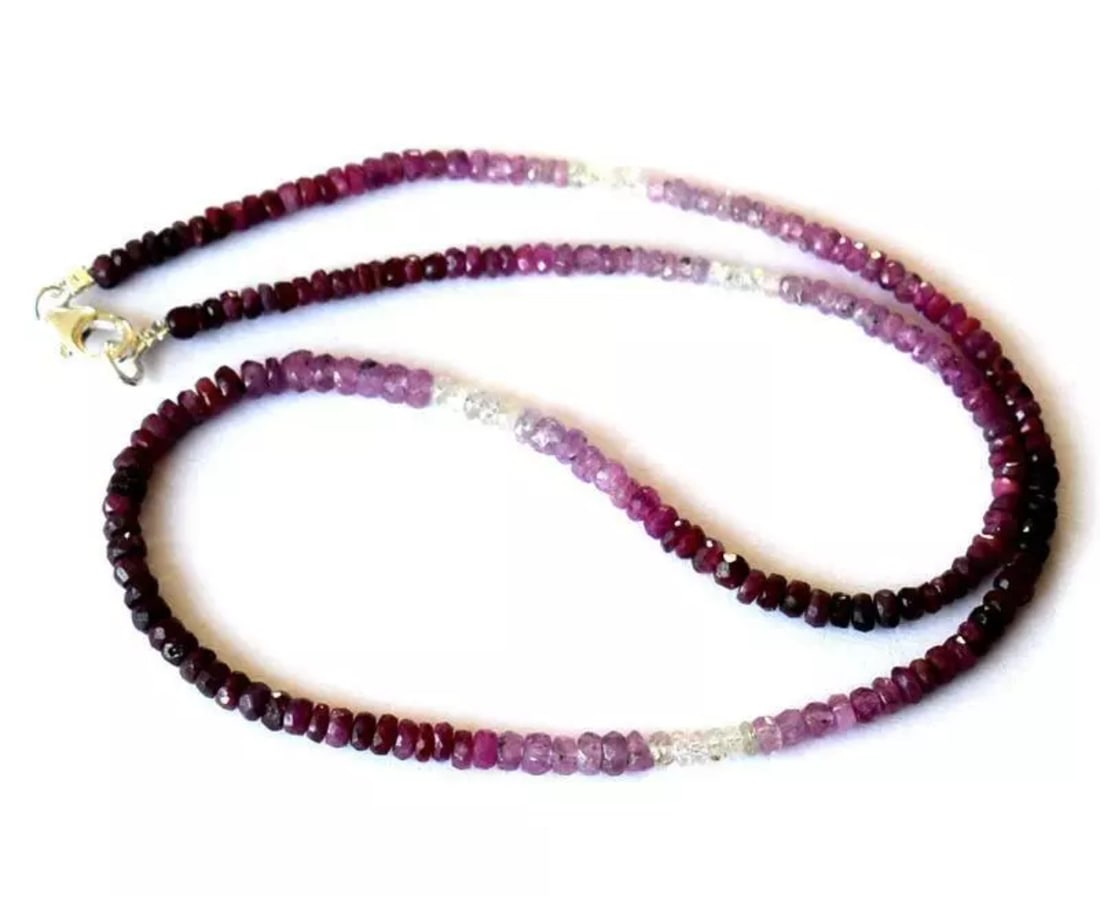 17" NATURAL SHADED RUBY BEADS RONDELLE SOLID 925 SILVER NECKLACE: These are natural, earth mined and hand crafted with precision. Stone Shape:Faceted Rondelle, Stone Size: 2.5 - 3.5 mm, Width - 1.5 - 2 mm, Length: 17", Weight: approx. 40 carats. The photographs are