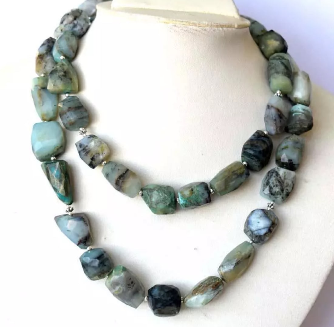 30" PERUVIAN OPAL NECKLACE FACETED NUGGETS 925 STERLING SILVER 537 CTS: These are natural, earth mined and hand crafted with precision. Stone: Peruvian Opal, Stone Shape: Nuggets, Stone Size: 9x12 - 13x23 mm, Width - 6 - 10 mm, Length: 30", Weight: approx. 537 carats. The