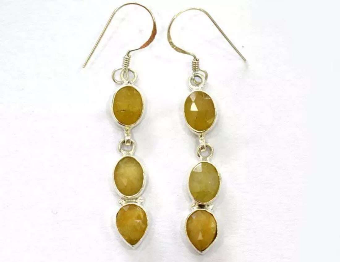 SOLID 925 STERLING SILVER EARRINGS - NATURAL YELLOW SAPPHIRE: These are natural, earth mined and hand crafted with precision. Stone: Sapphire, Stone Shape: Pear/Oval, Stone Size: 6x8 mm, Width - 3 - 4 mm, Length: 2", Weight: approx. 19 carats. The photographs ar