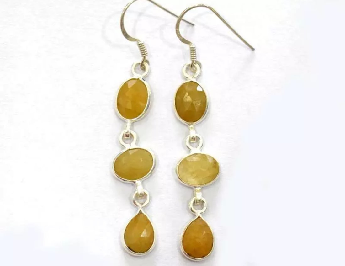 SOLID 925 STERLING SILVER EARRINGS - NATURAL YELLOW SAPPHIRE: These are natural, earth mined and hand crafted with precision. Stone: Sapphire, Stone Shape: Faceted Oval/Pear, Stone Size: 6x8 mm, Width - 2.5 - 3 mm, Length: 2", Weight: approx. 13 carats. The phot