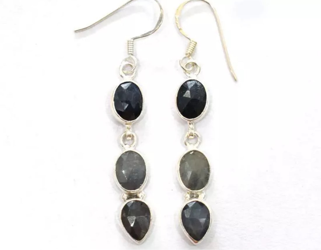 SOLID 925 STERLING SILVER EARRINGS - NATURAL BLUE SAPPHIRE: These are natural, earth mined and hand crafted with precision. Stone: Sapphire, Stone Shape: Faceted Pear/Oval, Stone Size: 6x8 mm, Width - 3 - 3.5 mm, Length: 1 7/8", Weight: approx. 21 carats. The