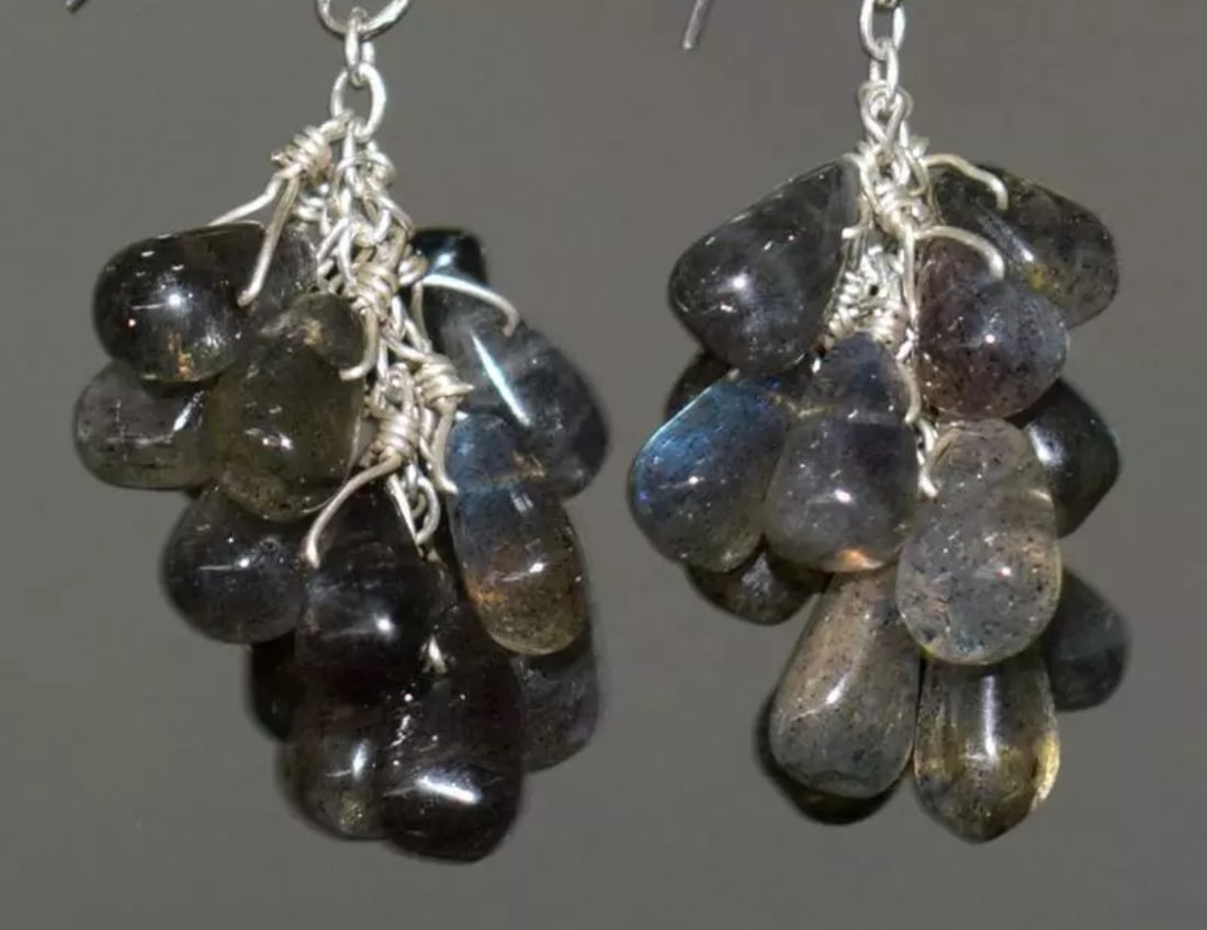 SOLID 925 STERLING SILVER EARRINGS - NATURAL LABRADORITE BEADS: These are natural, earth mined and hand crafted with precision. Stone: Labradorite, Stone Shape: Briolette, Stone Size: 4x9 - 5x8 mm, Length: 1 1/2", Weight: approx. 50 carats. The photographs are gen