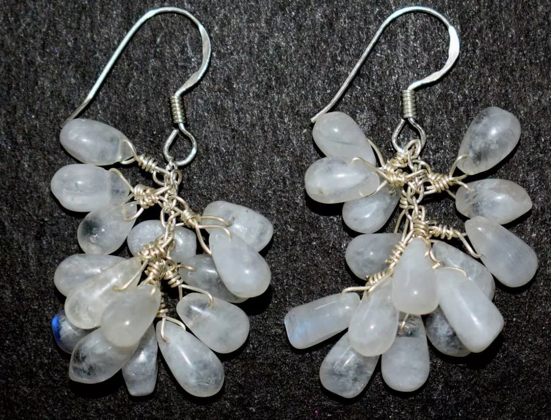 SOLID 925 STERLING SILVER EARRINGS - NATURAL RAINBOW MOONSTONE: These are natural, earth mined and hand crafted with precision. Stone: Moonstone, Stone Shape: Briolette, Stone Size: 4x7 - 5x10 mm, Length: 1 1/2", Weight: approx. 46 carats. The photographs are gene