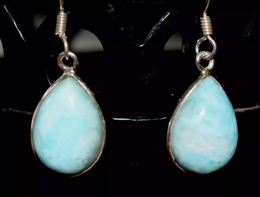 SOLID 925 STERLING SILVER EARRINGS - NATURAL RARE LARIMAR PEAR: These are natural, earth mined and hand crafted with precision. Stone: Larimar, Stone Shape: Pear, Stone Size: 10x14 mm, Width - 4.5 - 5 mm, Length: 1 1/4", Weight: approx. 13 carats. The photographs