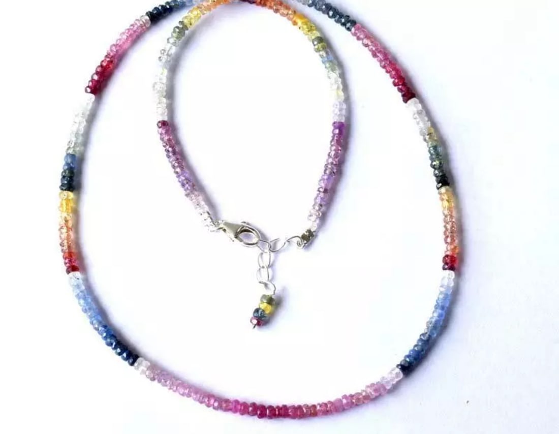 17.5 - 18.5" NECKLACE NATURAL MULTI SAPPHIRE SOLID 925 STERLING SILVER: These are natural, earth mined and hand crafted with precision. Stone: Sapphire, Stone Shape: Faceted Rondelle, Stone Size: 3 - 3.5mm, Width - 1.5 - 2mm, Length: 17.5 - 18.5", Weight: approx. 50 carat