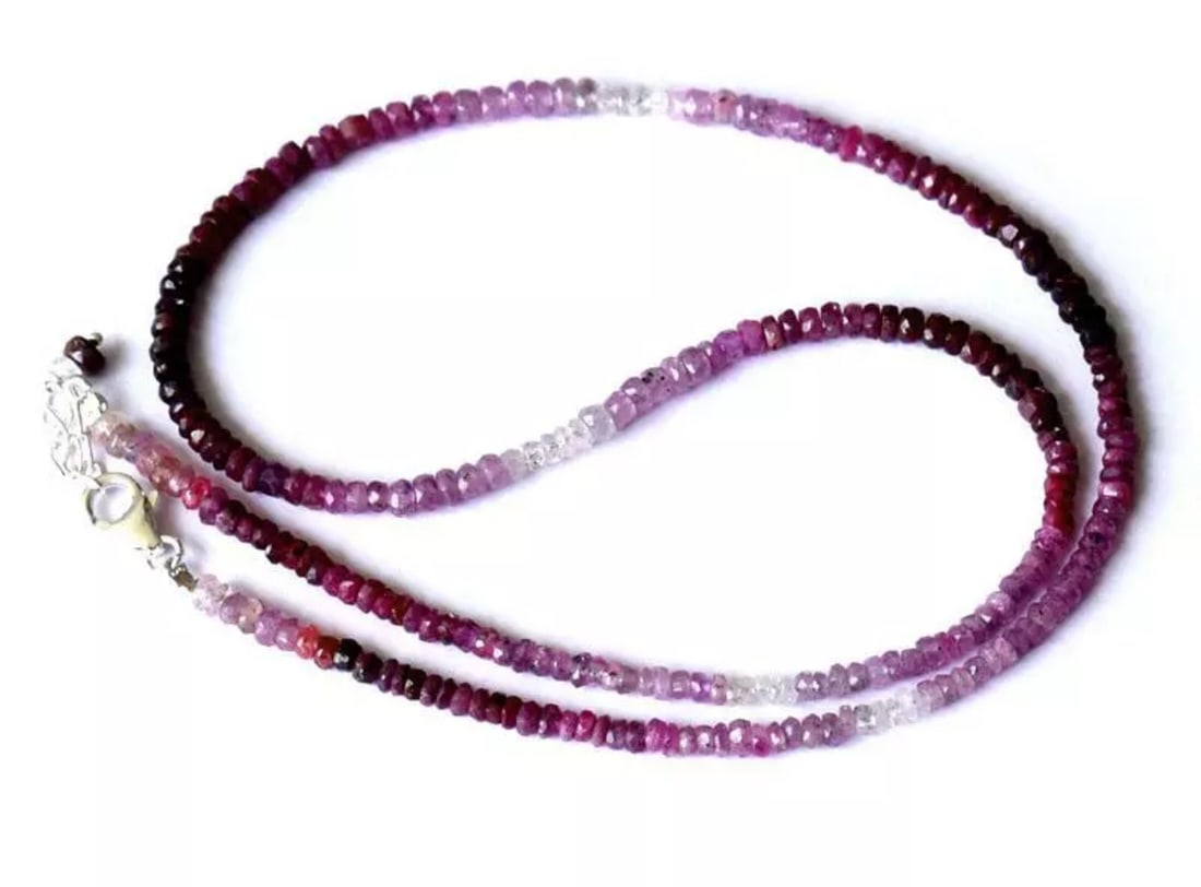 18 - 19" NATURAL FINE GEM QUALITY RUBY BEADS 925 SILVER NECKLACE: These are natural, earth mined and hand crafted with precision. Stone: Ruby, Stone Shape: Faceted Rondelle, Stone Size: 2.5 - 3.5mm, Width - 1.5 - 2mm, Length: 18 - 19", Weight: approx. 54.50 carats.