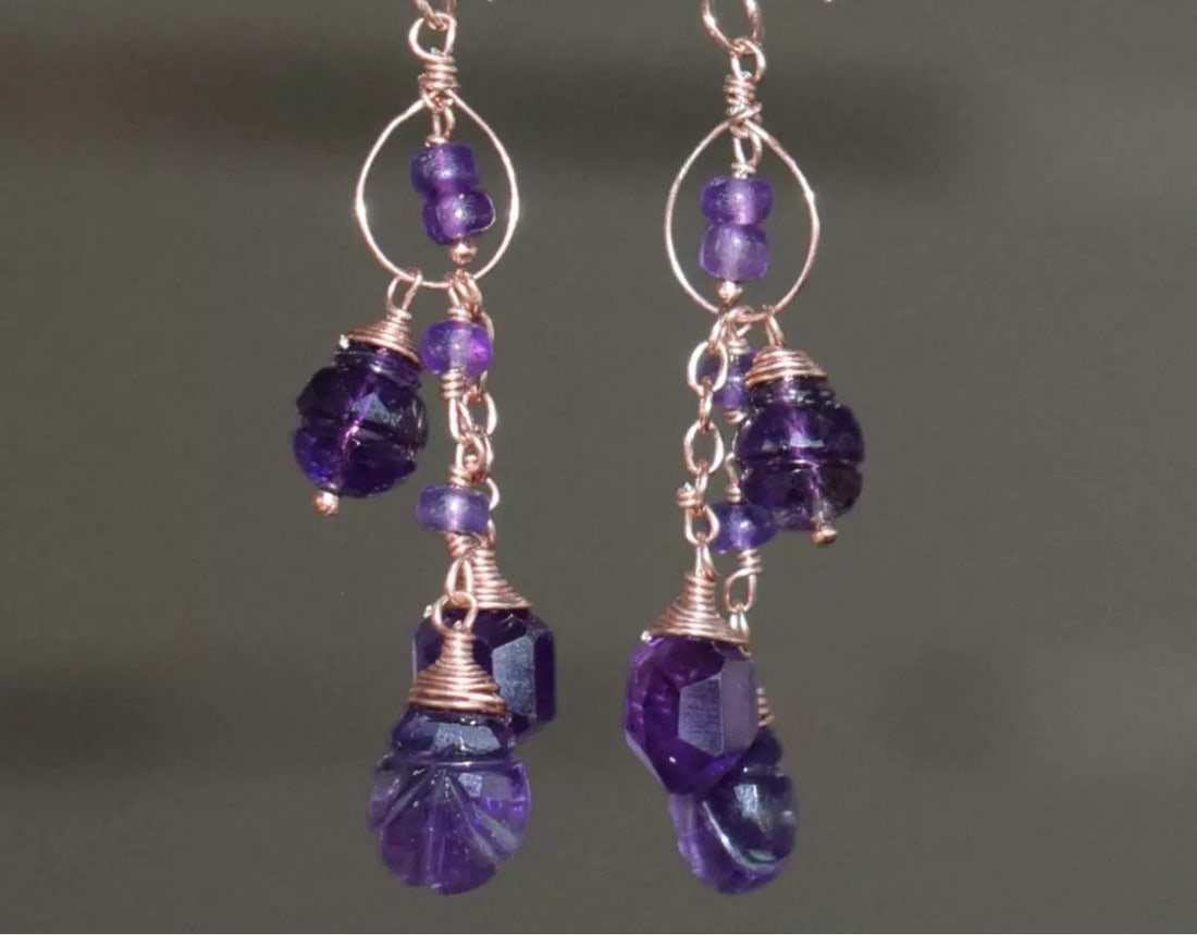 ROSE GOLD 925 STERLING SILVER EARRINGS - NATURAL AMETHYST BEADS: These are natural, earth mined and hand crafted with precision. Stone: Amethyst, Stone Shape: Mix Shape, Stone Size: 3mm/6x8 - 7x10mm, Weight: approx. 19.80, carats. The photographs are generally enla