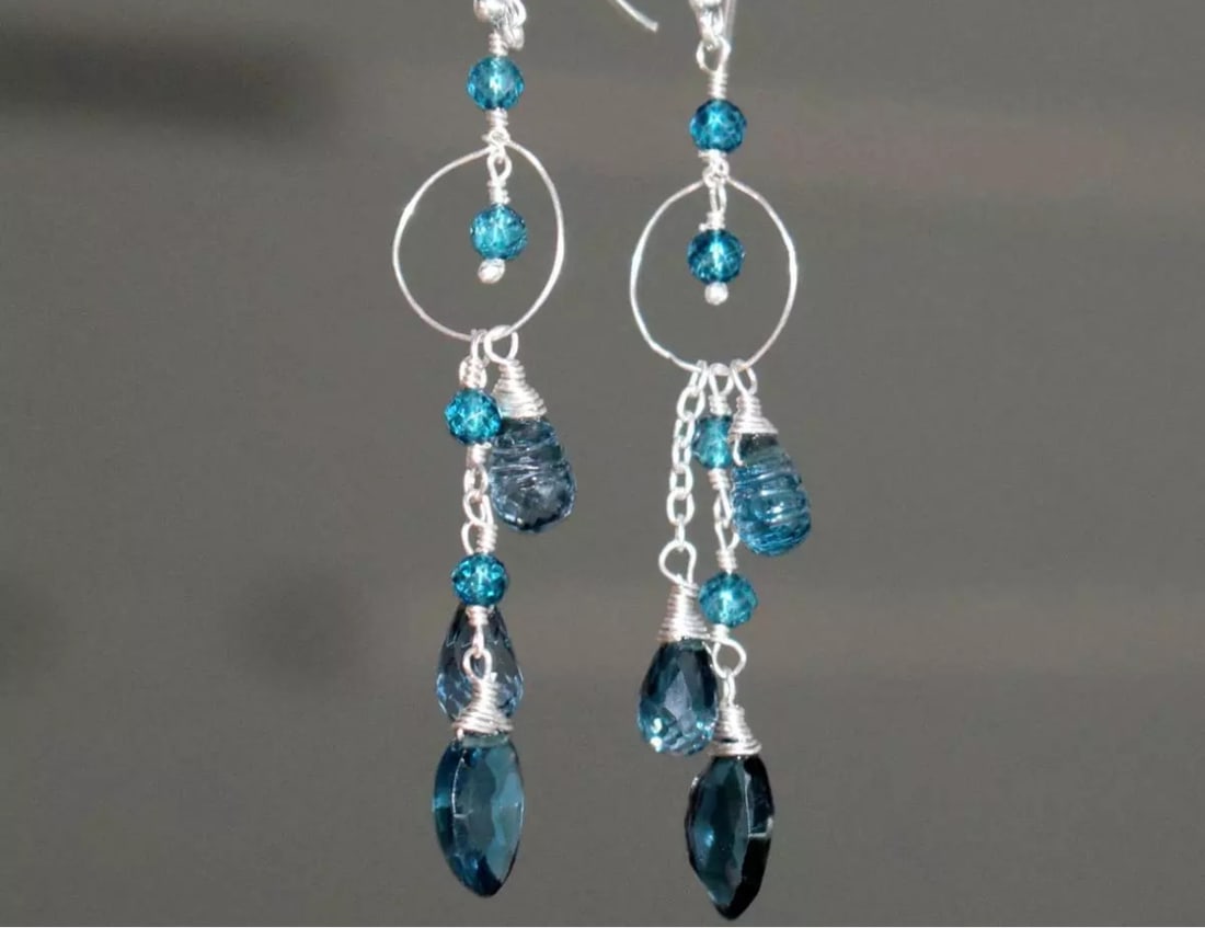 925 STERLING SILVER EARRINGS - NATURAL LONDON BLUE TOPAZ BEADS: These are natural, earth mined and hand crafted with precision. Stone: Topaz, Stone Shape: Mix, Stone Size: 3mm/4.5x8 - 6x10mm, Weight: approx. 19.70 carats. The photographs are generally enlarged to