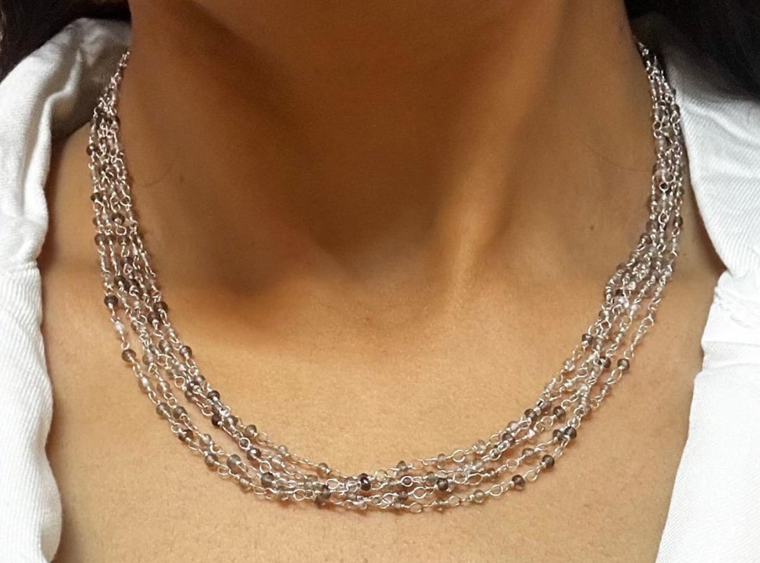 18-20" MULTIPLE CHAIN NECKLACE SMOKY QUARTZ BEADS FACETED RONDELLE: Smoky quartz, with its smoky grey-brown color, is widely recognized for its significance as a grounding and protective stone. It is believed to help individuals connect with the Earth's energy, promot